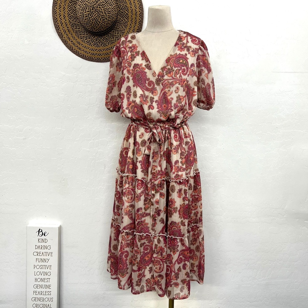 Mimi Chica dress L - pink paisley ruffle elastic waist belted casual work flowy